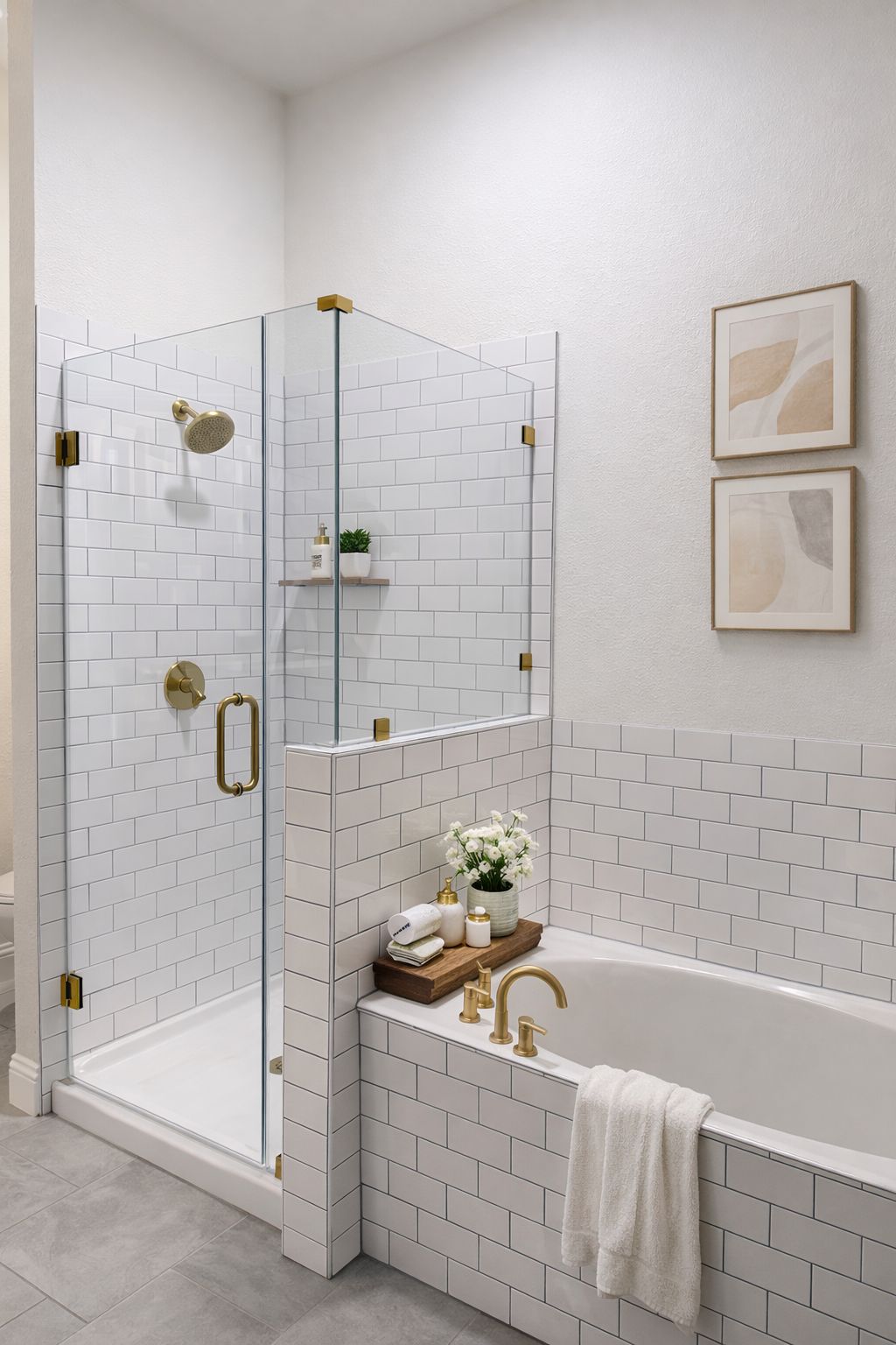 Baño de 90° clásico con azulejos blancos y herrajes dorados